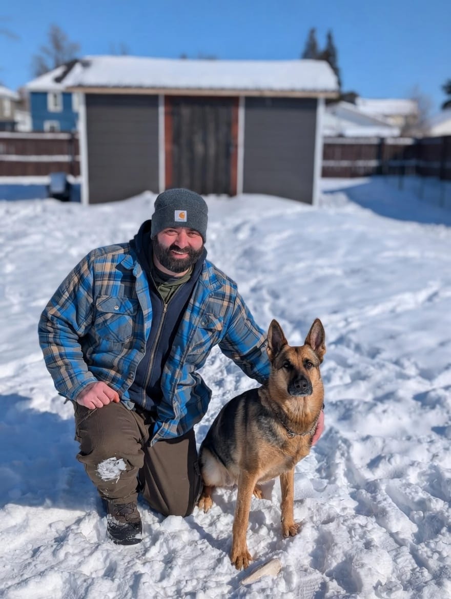 Andrew LaFlair kneeling beside a dog in the snow.