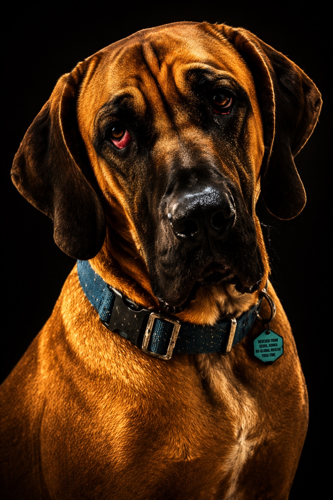 Moose wearing a blue collar after rescue and recovery.